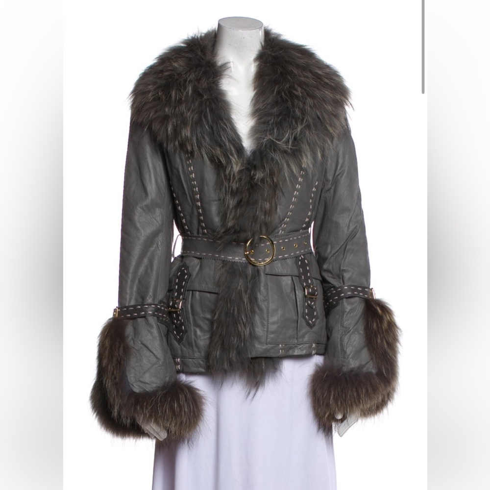 Custom made Grey Fur Jacket with Whipstitch fox fur Trim & Shawl Collar